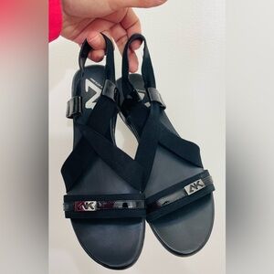 ANNE KLEIN SUMMERTIME WOMENS SPORT WEDGE SANDALS BLACK 8.5 FABRIC & PATENT